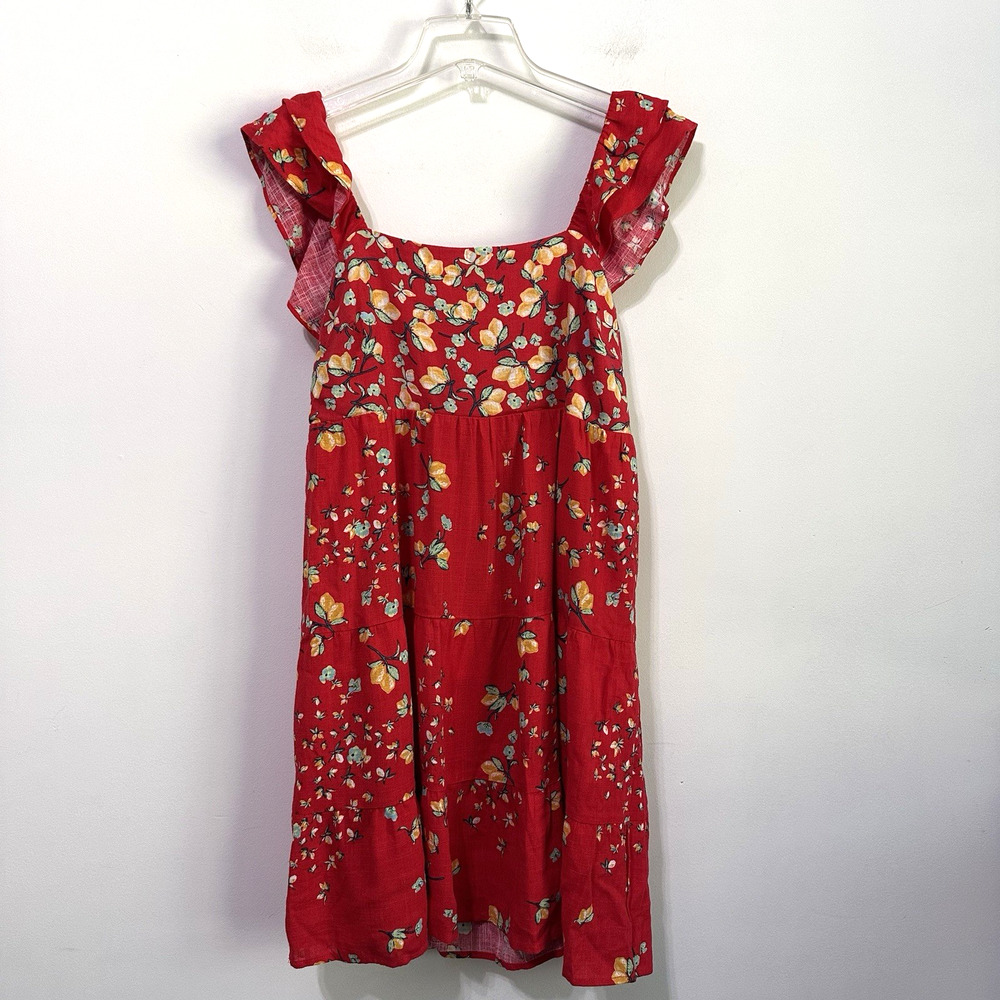 Lauren Conrad Linen Blend Dress‎ M Red Lemon Print Ruffle Sleeve Tie Back NEW